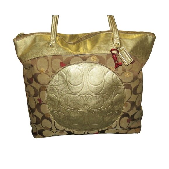 Coach Classic Laura Secret Admirer Jacquard Signature Hearts Dots Tote & Charm - Picture 1 of 13